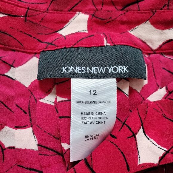 Jones New York Silk Collared Red Floral Vintage Button Up Blouse Sz 12 - Picture 2 of 7